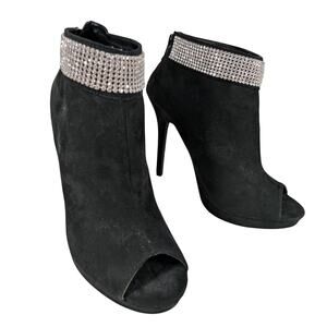 NWOT! I. MILLER! BLACK SUEDE MICROFIBER PEEP TOE RHINESTONE BANDED BOOTS!SZ 9.5M